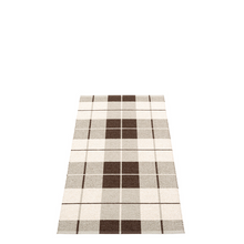 Load image into Gallery viewer, Reverse side of the Brown, Linen, and Vanilla colored plaid rug on a white background
