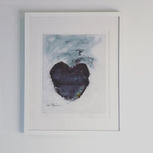 Load image into Gallery viewer, Print of a black heart on a white and grey background. Framed in a white frame and laid on a white mat
