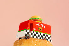 Load image into Gallery viewer, Candylabs patty&#39;s hamburger van wooden car on a burger bun
